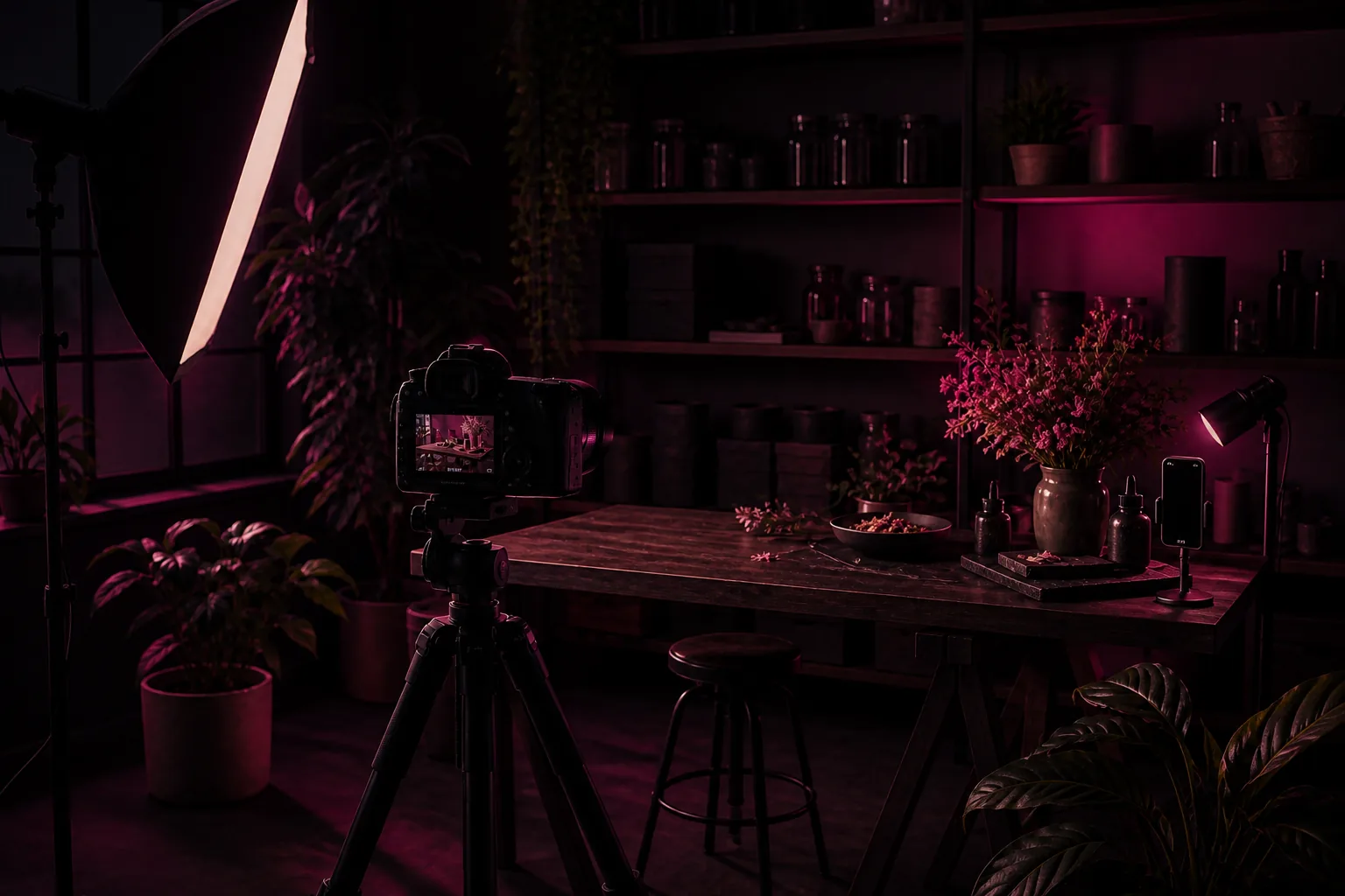 A camera and lighting setup in a moody content studio