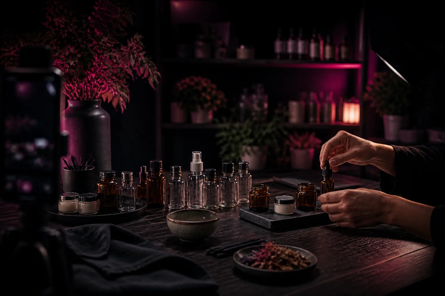 A product stylist arranging unbranded bottles on a dark campaign set